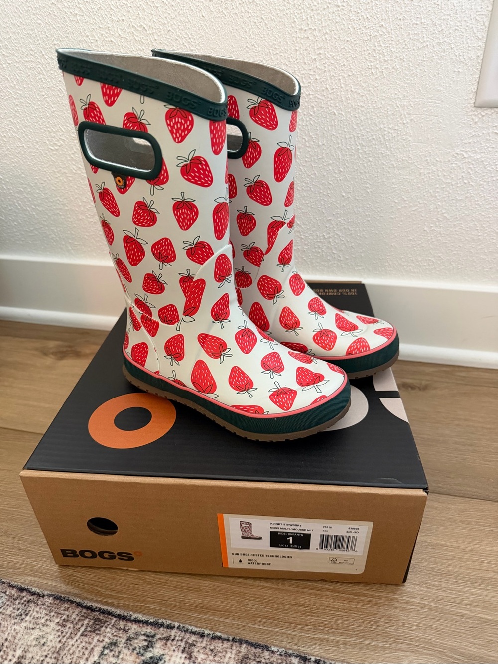 Bogs Kids White & Red Strawberry Pattern Rain Boots